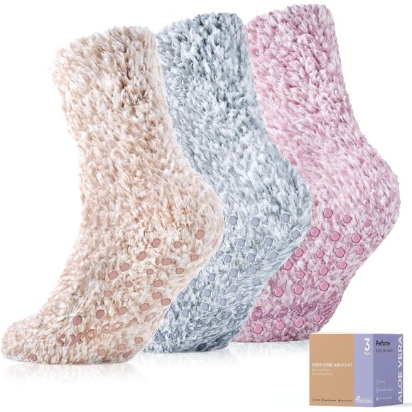 Unisex Grey brown pink Non Slip Fluffy Hospital Crew Cozy Warm Socks